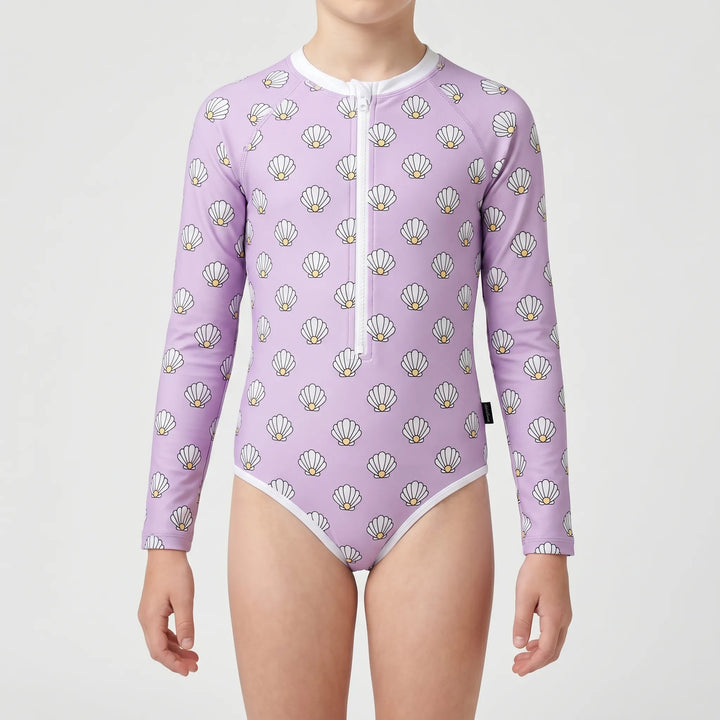 Toddler long-sleeve swimwear, one-piece, for UV protection during summer water activities.