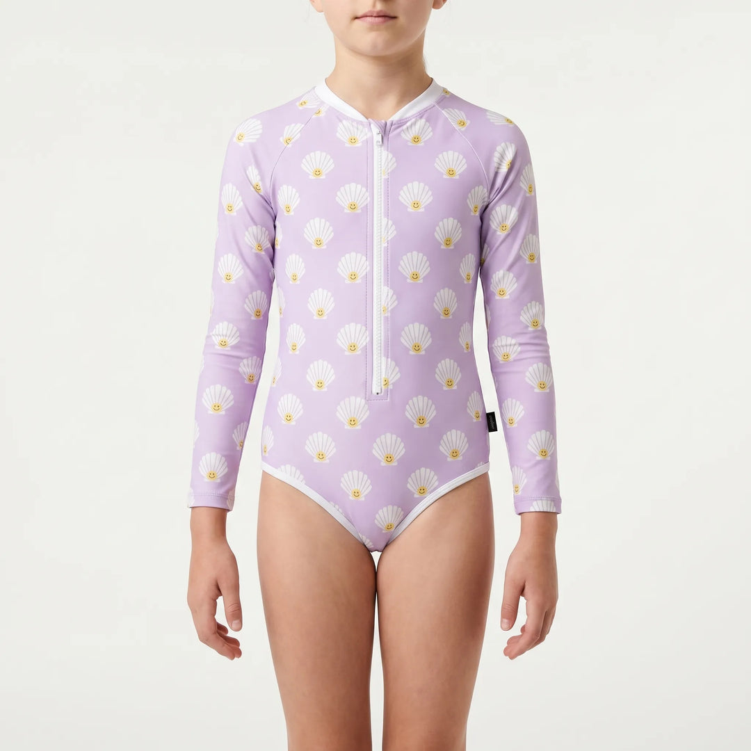 Youth activewear one-piece long-sleeve swimsuit, ideal for sun protection and water sports.