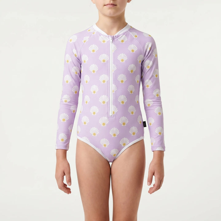 Youth activewear one-piece long-sleeve swimsuit, ideal for sun protection and water sports.