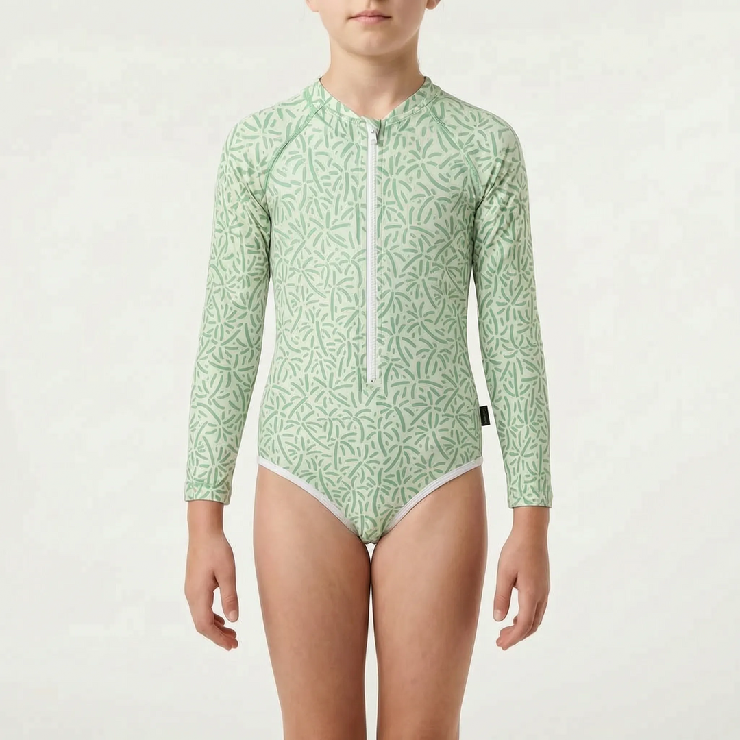 One-piece children's long-sleeve swimsuit for reliable sun protection at the beach.