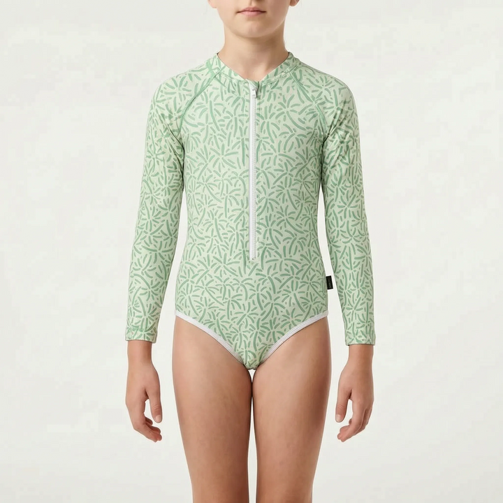 One-piece children's long-sleeve swimsuit for reliable sun protection at the beach.