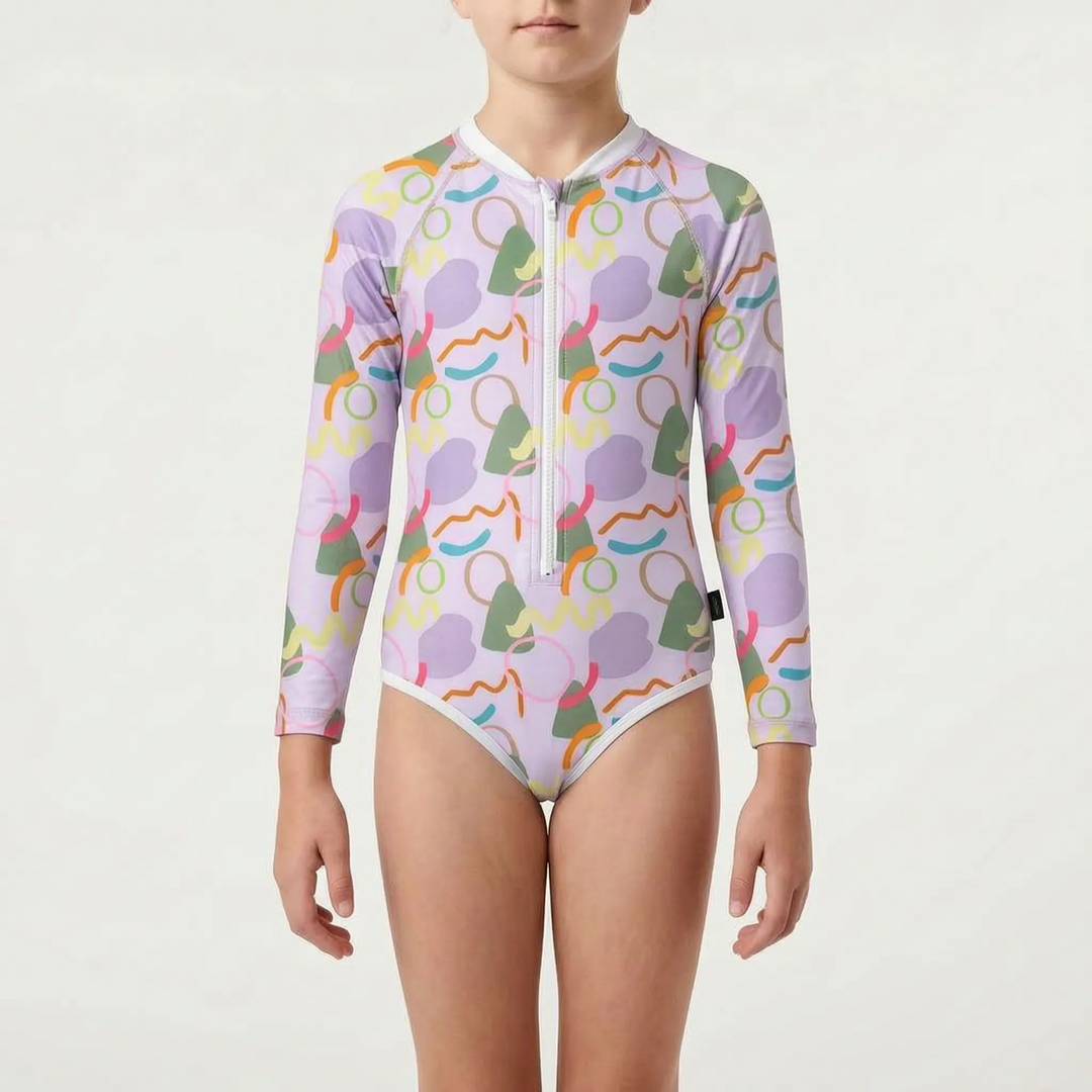 Long-sleeve toddler swimsuit, designed for sun-safe pool play & water activities.