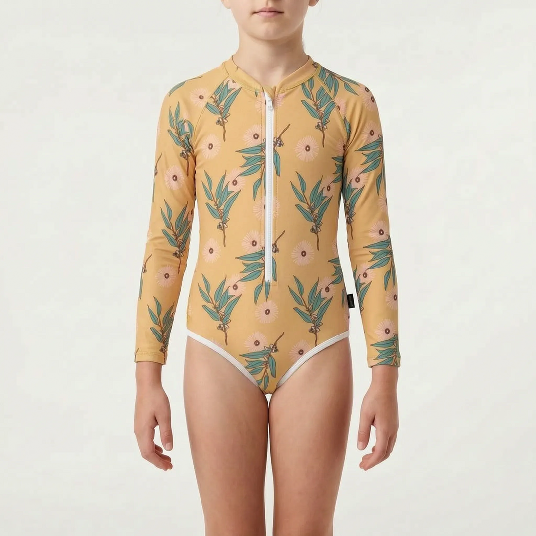 Kids' sun protection long-sleeve swimsuit, essential for summer beachwear.