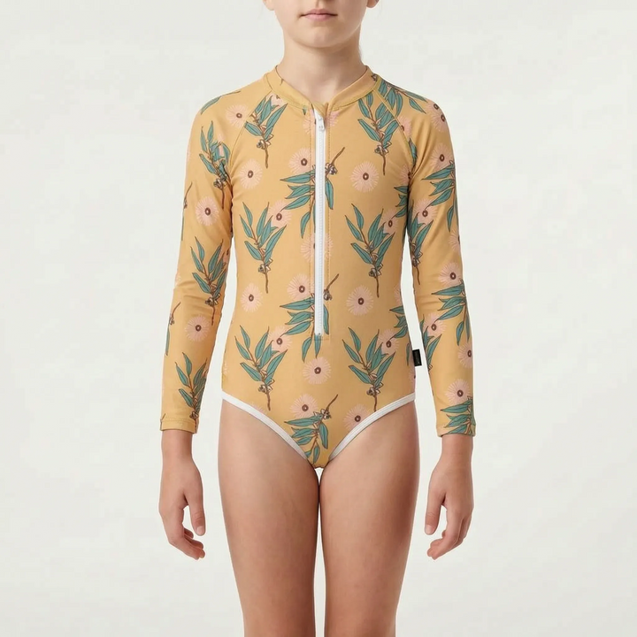 Kids' sun protection long-sleeve swimsuit, essential for summer beachwear.