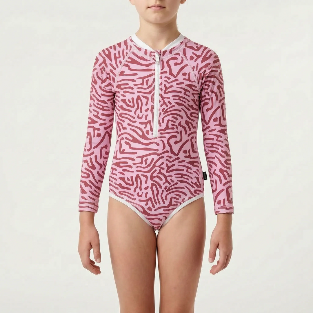Durable youth long-sleeve swimwear for active kids, ensuring UV protection during play.