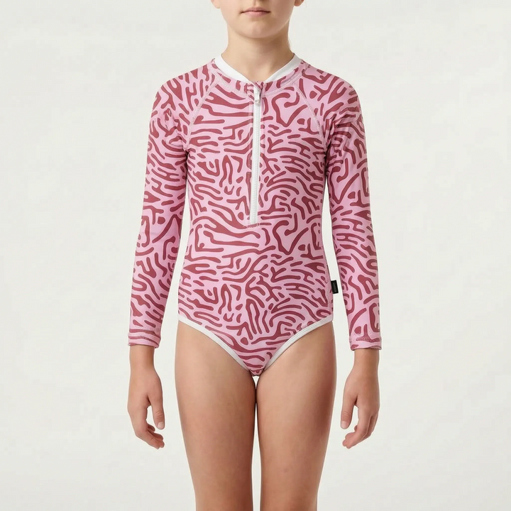Durable youth long-sleeve swimwear for active kids, ensuring UV protection during play.