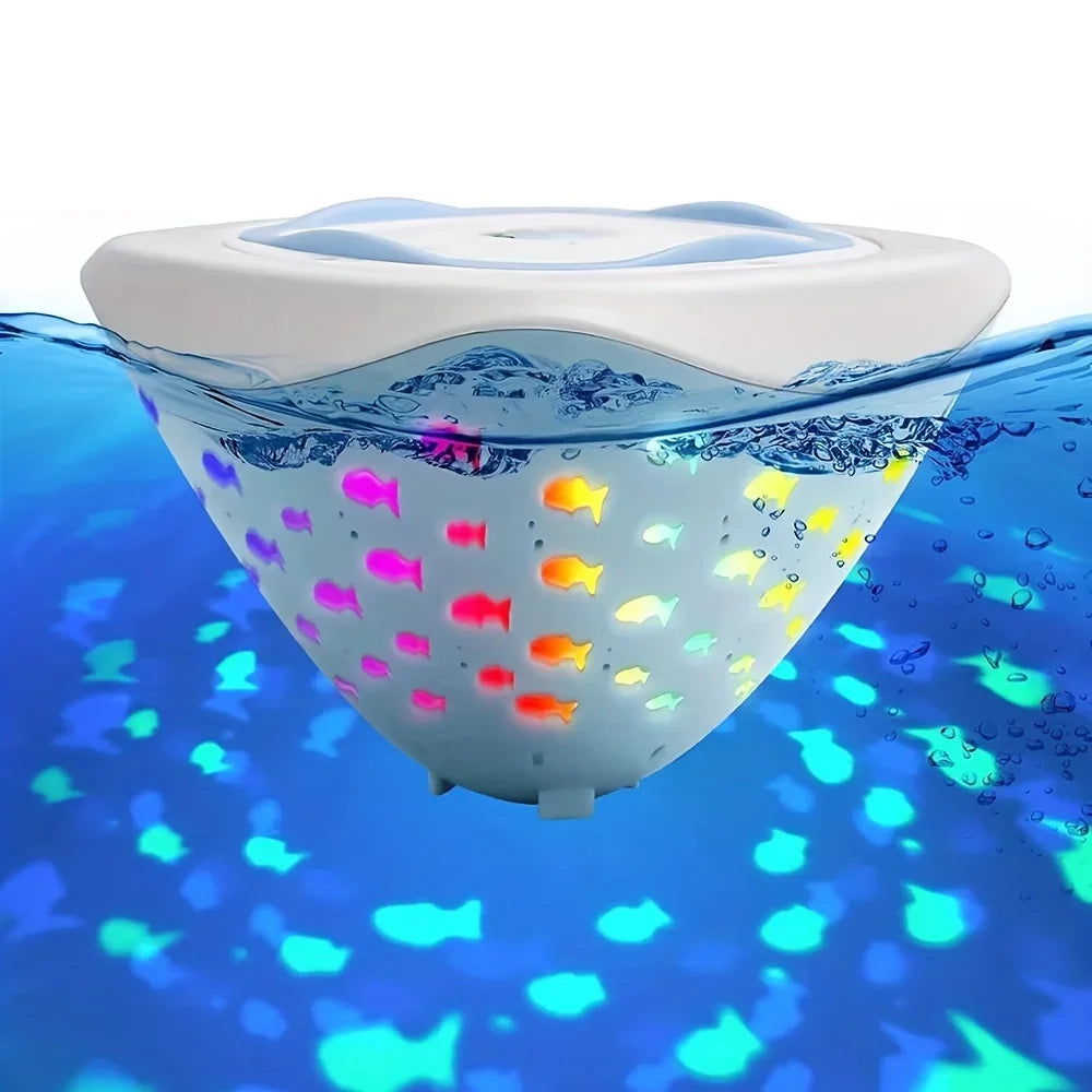 Kids' Magical Bath & Pool Light Projector creating colorful patterns in a bathtub, fun sensory toy