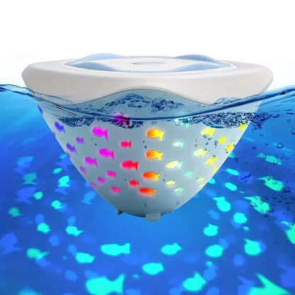Kids' Magical Bath & Pool Light Projector creating colorful patterns in a bathtub, fun sensory toy