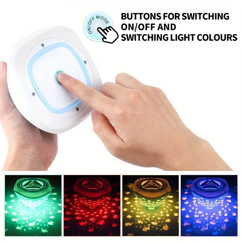 Close-up of Kids' Light Projector for bath and pool, glowing with vibrant underwater effects, water play fun