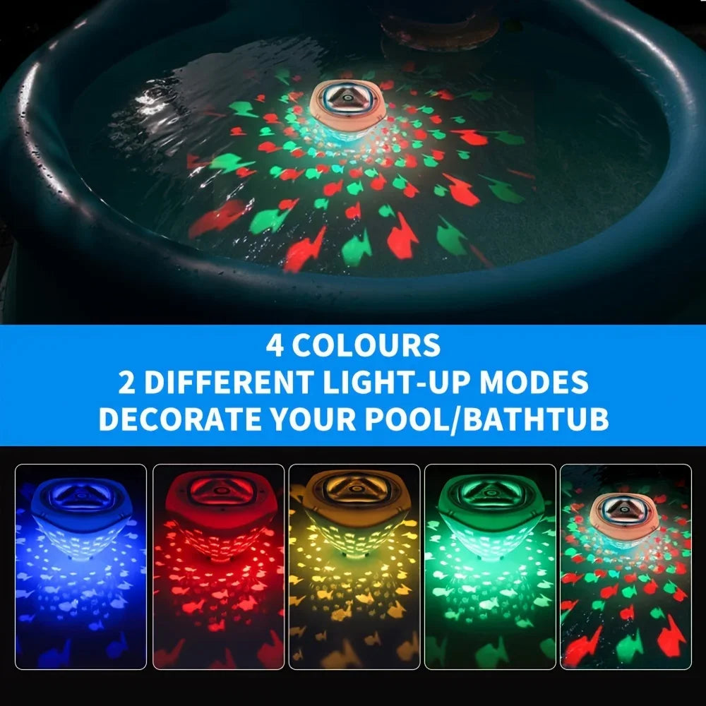 Child happily playing with Bath & Pool Light Projector in water, creating starry night effect, kids fun