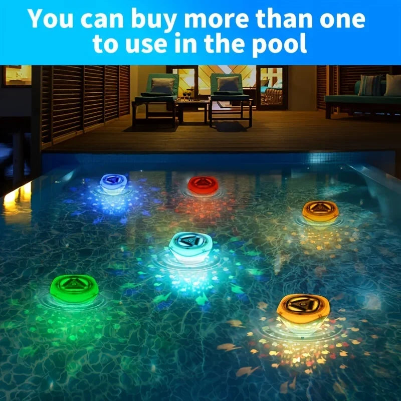 Kids' Magical Light Projector floating in a swimming pool, illuminating the water with captivating lights, party decor