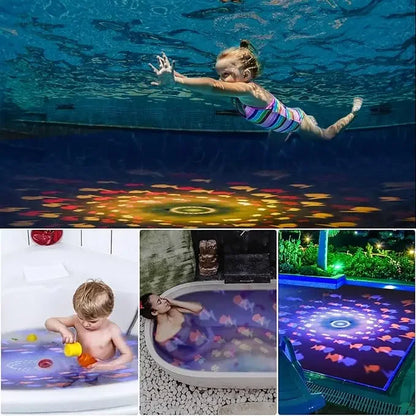 Bath Toy Light Projector demonstrating various light patterns on a bathroom wall, engaging sensory toy