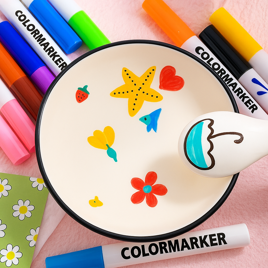 Close-up of a child drawing with a Magical Floating Art Water Pen on water, showcasing floating design