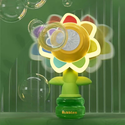 Kids' Magical Flower Bubble Machine with vibrant LED lights, creating a shower of bubbles for outdoor fun.