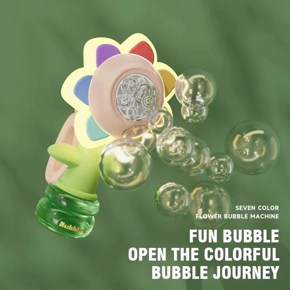 Rechargeable flower-shaped bubble blower for children, emitting numerous bubbles and bright LED lights.