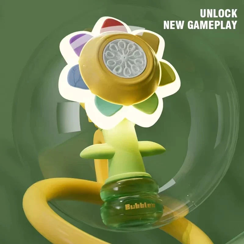 Flower bubble machine for kids' play, featuring colorful LED lights and a high bubble output for outdoor fun.