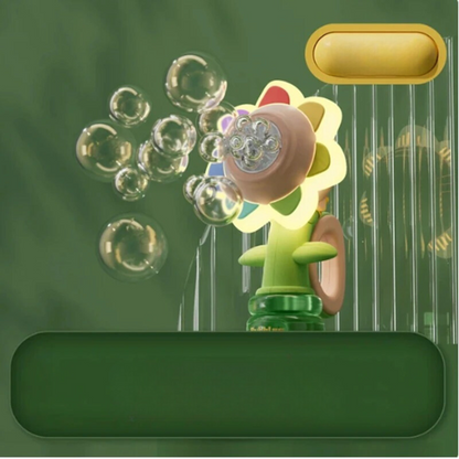 Gift for kids: Magical Flower Bubble Machine with LED lights, ideal for backyard play and bubble-filled joy.