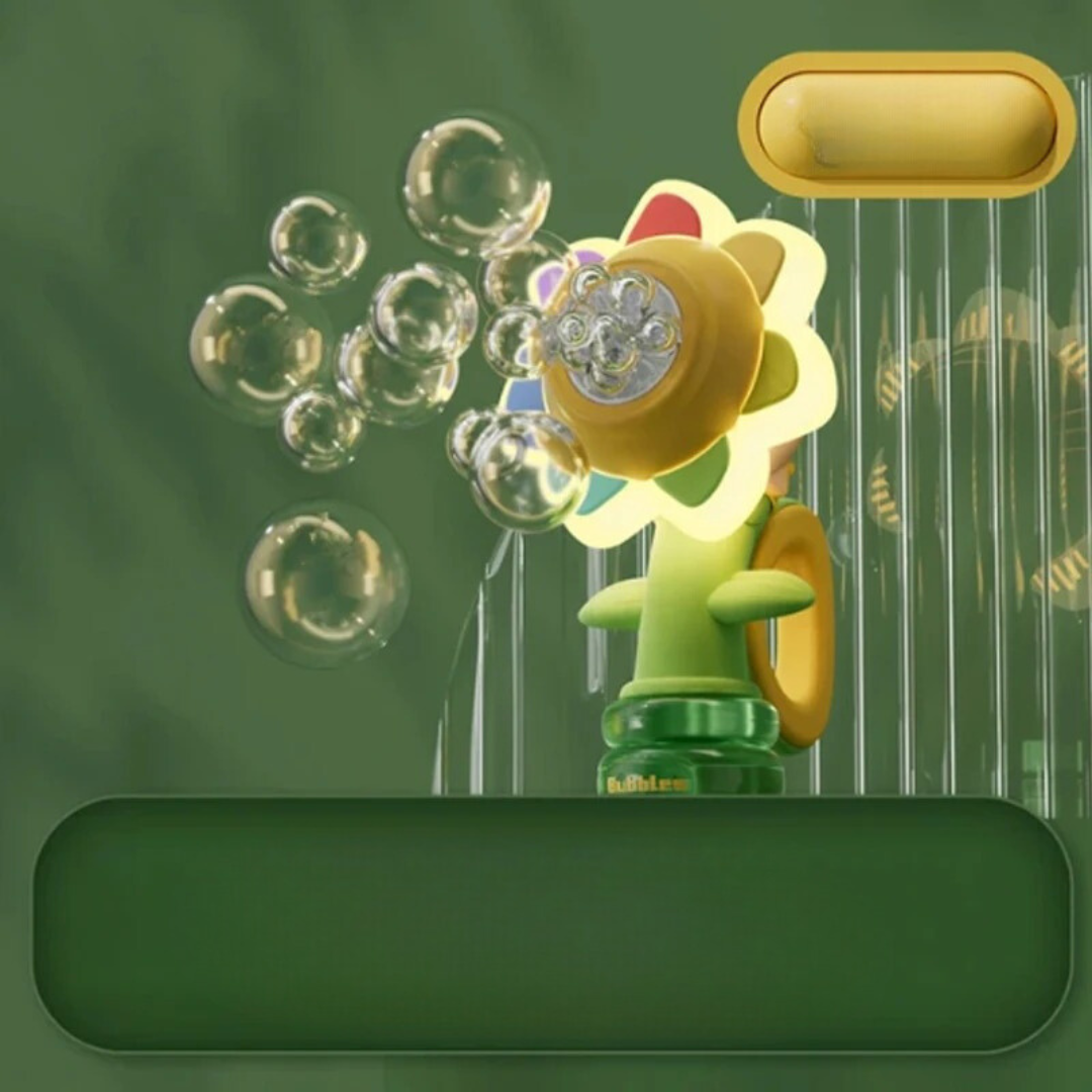 Close-up of a child delighting in the Magical Flower Bubble Machine, showing LED lights and a stream of bubbles.