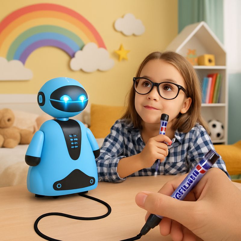 Kids' Magical Line-Following Robot Toy, educational and creative playtime for children, red robot on a black line