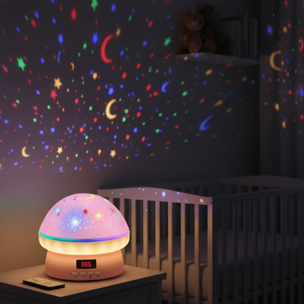 Kids' magical mushroom star projector night light with timer. Soothing LED lamp for baby nursery decor.