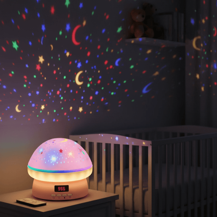 Kids' magical mushroom star projector night light with timer. Soothing LED lamp for baby nursery decor.