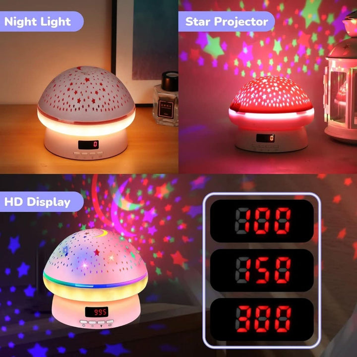 Magical mushroom galaxy projector for kids, transforms bedrooms into a starry night sky.