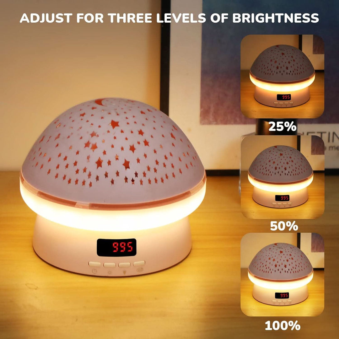 Versatile mushroom star projector night light, LED lamp for kids' and baby rooms. Features timer.