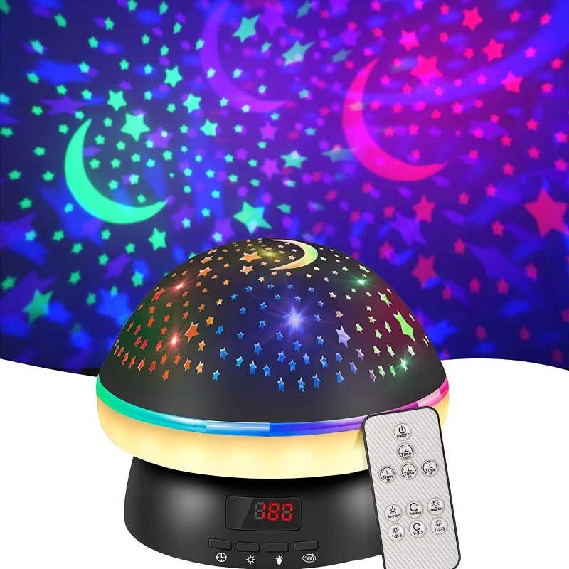 Soothing mushroom star projector night light, ideal sleep aid for a baby nursery with auto timer.