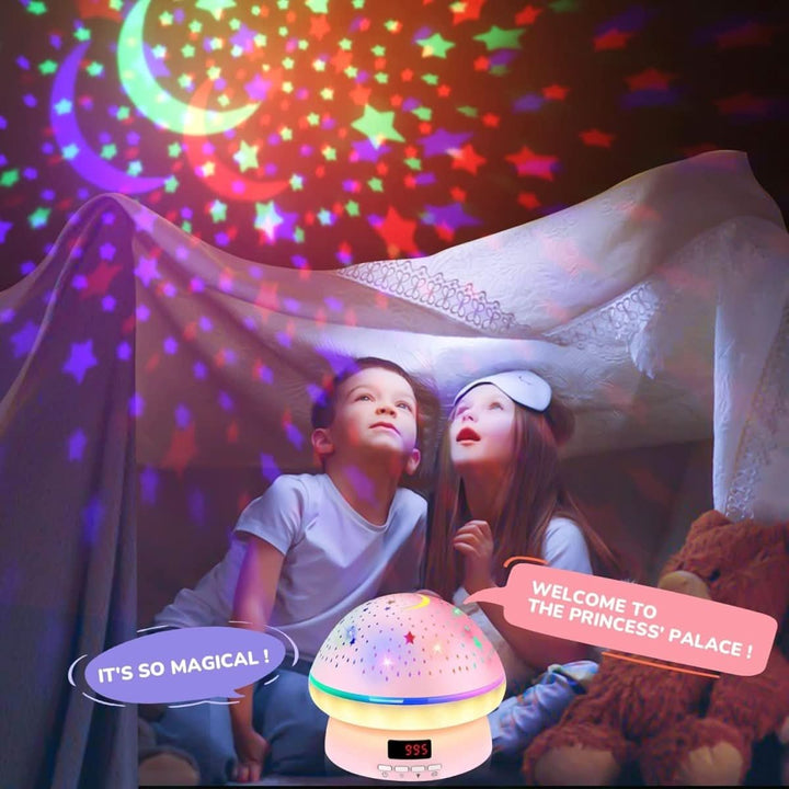 Pink mushroom star projector night light with timer. Charming LED lamp for girls' room decor.