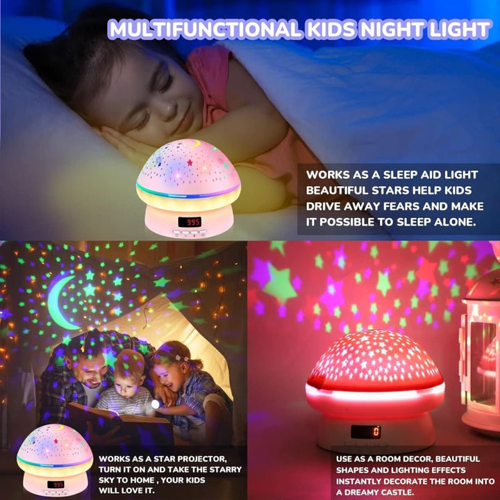 Blue mushroom galaxy projector night light, creating a calming ambient lighting for children's rooms.