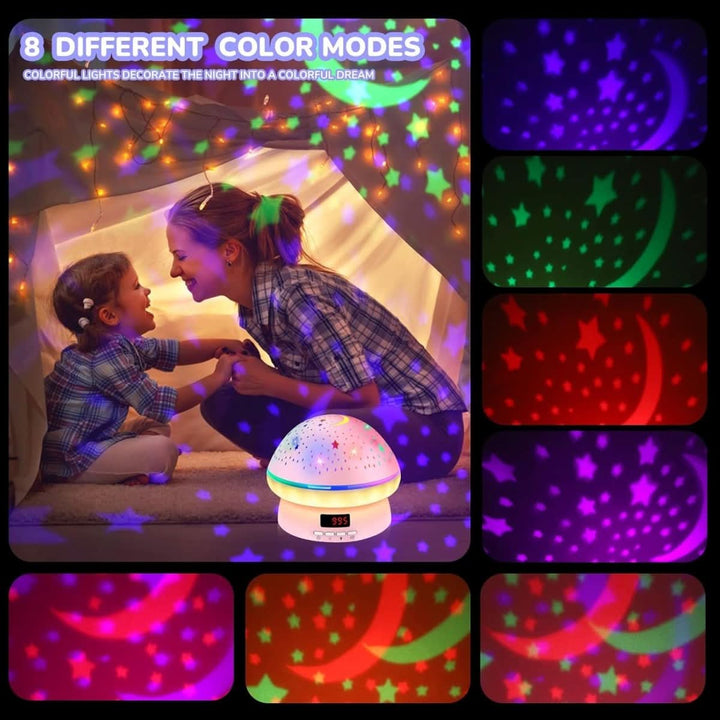 LED mushroom star projector night light, a magical children's gift for bedtime with convenient timer.