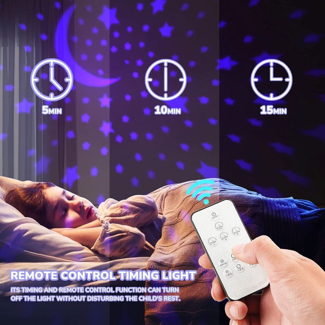 Mushroom lamp star projector for kids' room decor, providing ambient galaxy lighting for sleep.