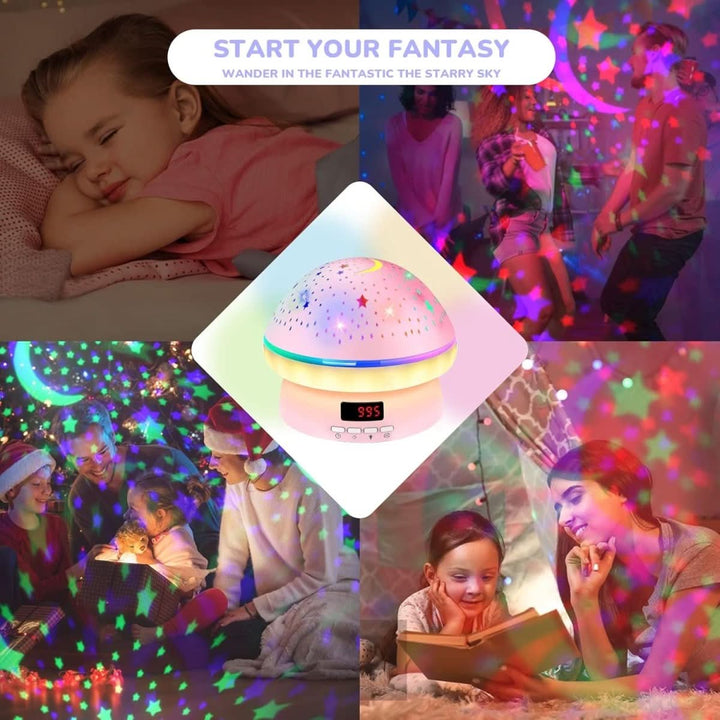 Kids' mushroom star projector night light with auto-off timer. Promotes restful sleep in baby rooms.