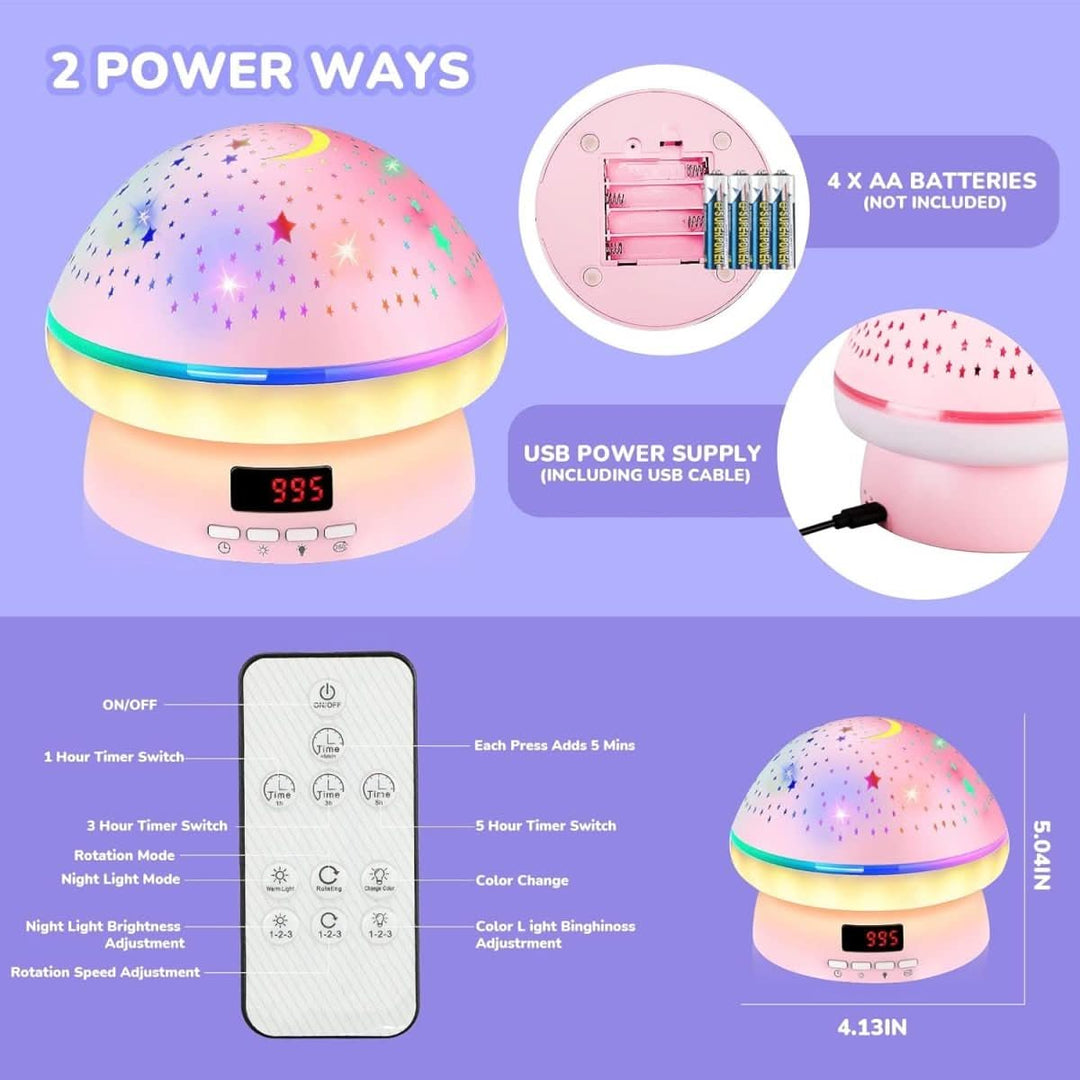 Baby nursery mushroom star projector night light, an LED sleep aid and galaxy lamp with timer.