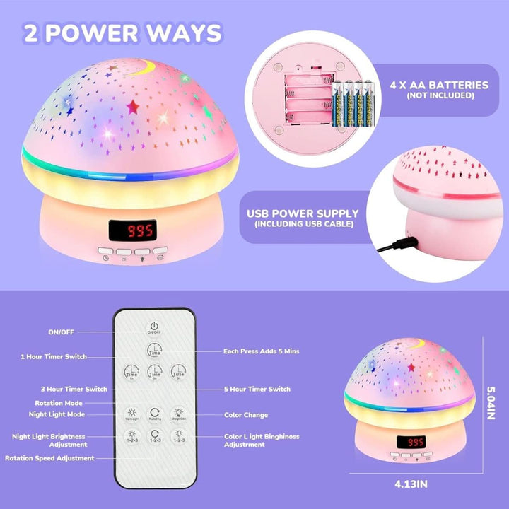 Baby nursery mushroom star projector night light, an LED sleep aid and galaxy lamp with timer.