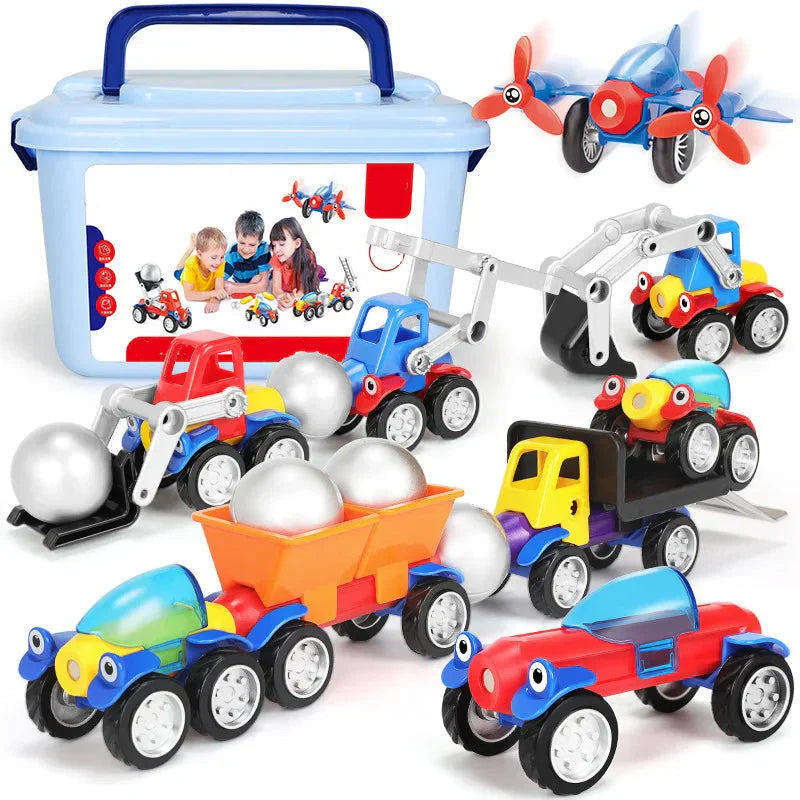 Kids' Magnetic Building Vehicle Toy Set with truck and crane, colorful STEM creative play for toddlers