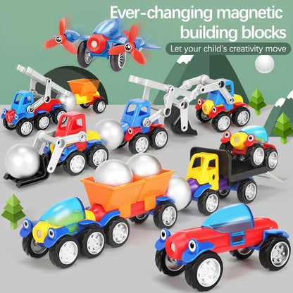 Magnetic blocks forming a red construction truck, educational toy for children's gifts and creative play