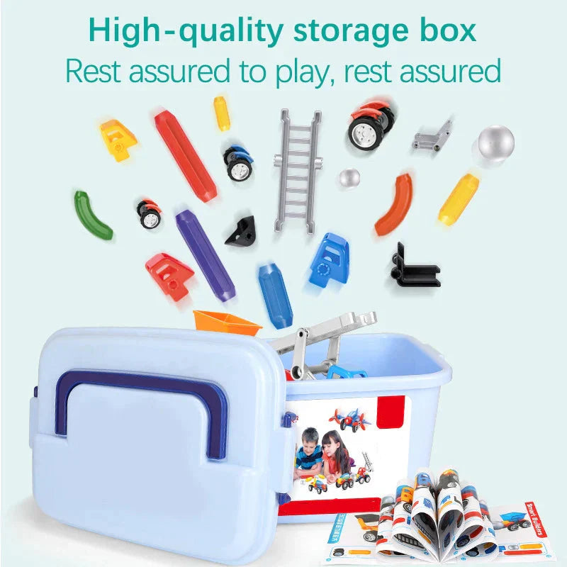 Assortment of magnetic building blocks and wheels for kids' vehicles, promoting creative play and learning