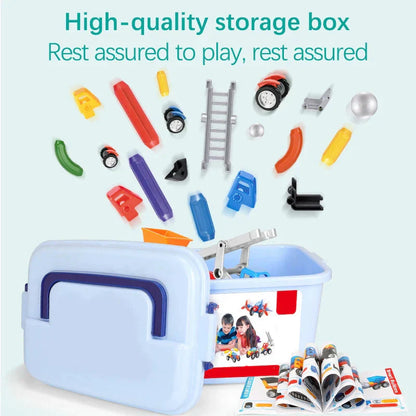 Assortment of magnetic building blocks and wheels for kids' vehicles, promoting creative play and learning