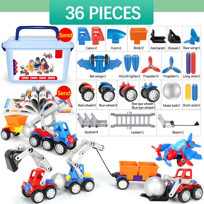 Magnetic building vehicle toy set pieces neatly arranged, ready for creative play and toddler development