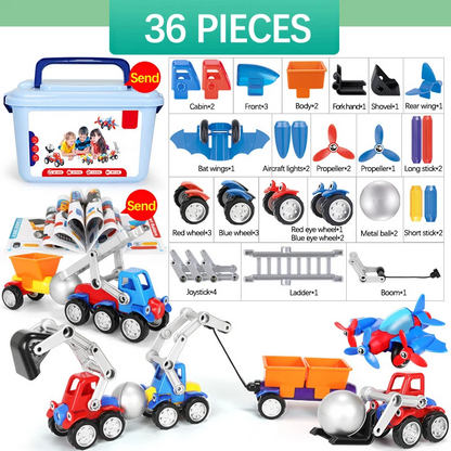 Magnetic building vehicle toy set pieces neatly arranged, ready for creative play and toddler development