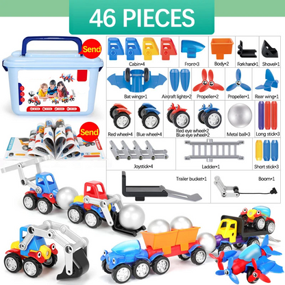 Parents and child building a magnetic car together, engaging with STEM educational toys for kids