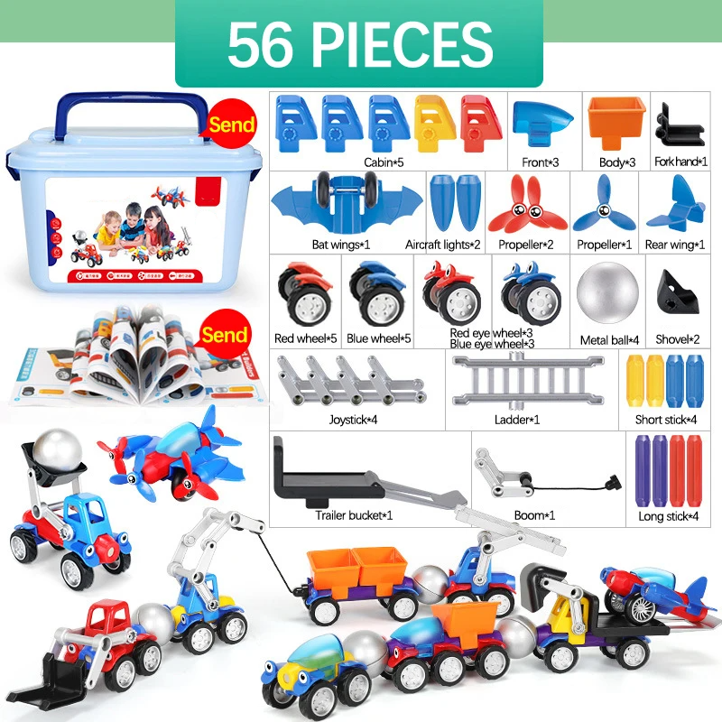 Variety of magnetic kids vehicles built from the construction set, showcasing creative play possibilities