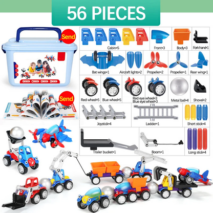 Variety of magnetic kids vehicles built from the construction set, showcasing creative play possibilities