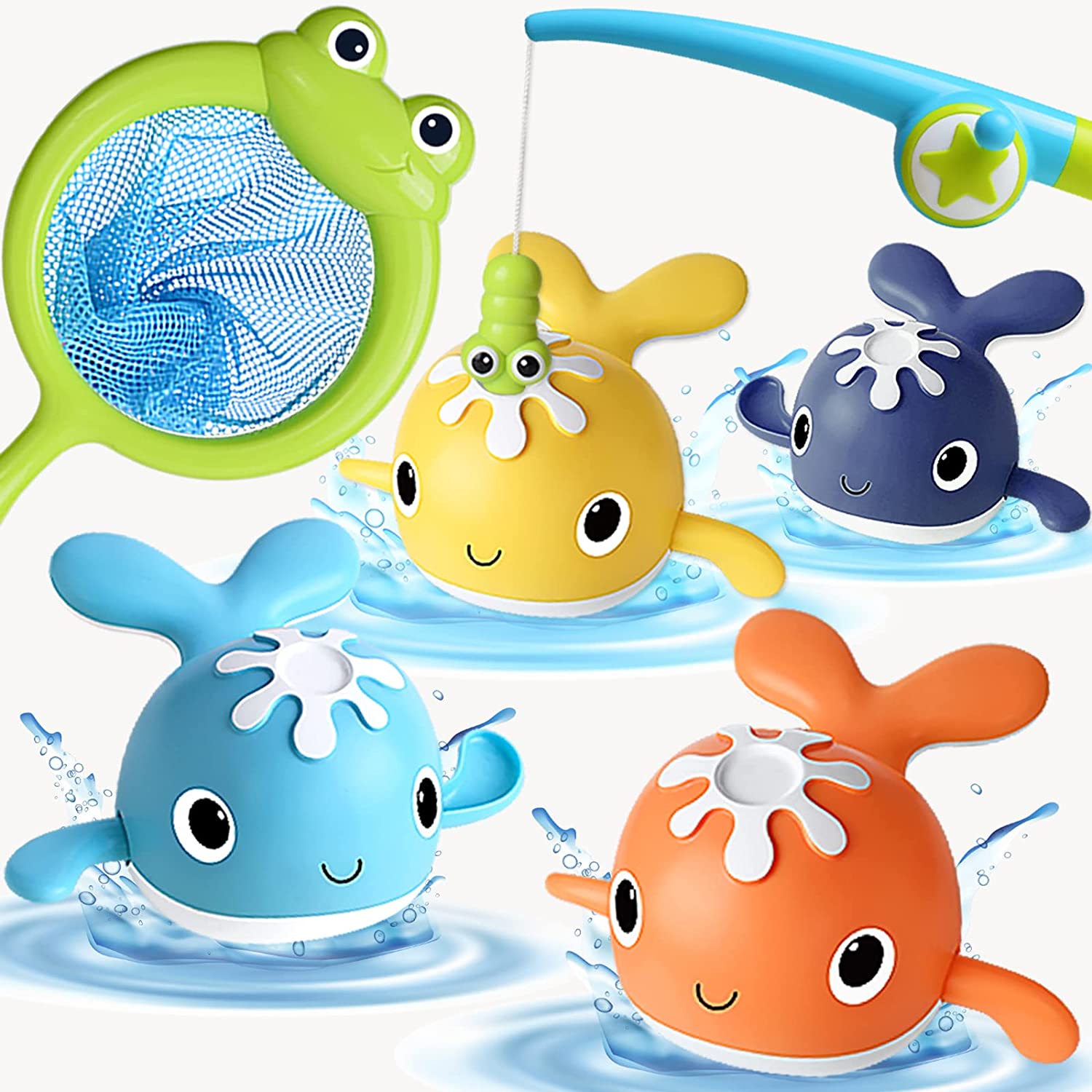 Kids' Magnetic Fishing Bath Toy Set with colorful fish, octopus, and fishing rod in water, promoting sensory play.