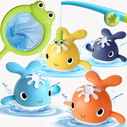 Kids' Magnetic Fishing Bath Toy Set with colorful fish, octopus, and fishing rod in water, promoting sensory play.