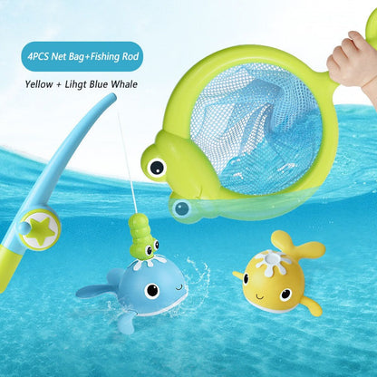 Magnetic Fishing Bath Toy Set with a green fishing rod and five different sea creatures floating in a clear bowl.