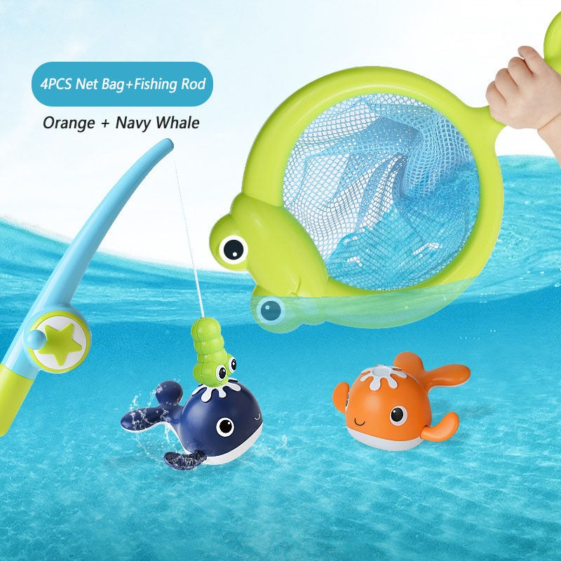 Close-up of the magnetic connection between the fishing rod and a magnetic fish bath toy from the kids' set.