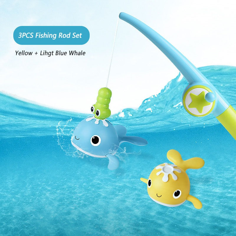 Complete Kids' Magnetic Fishing Bath Toy Set, including a fishing net and assorted floating magnetic animals for bath time.