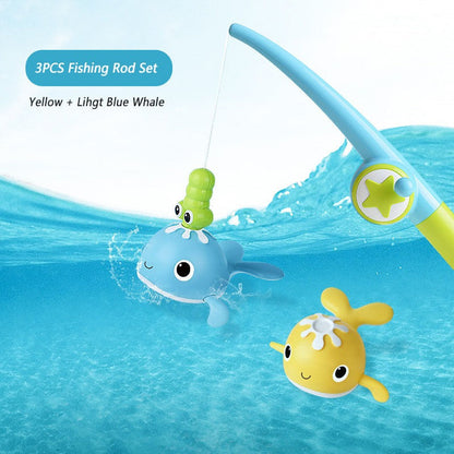 Complete Kids' Magnetic Fishing Bath Toy Set, including a fishing net and assorted floating magnetic animals for bath time.